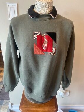 Vintage 90s Olive Green Crewneck Sweater with Red Patch Design